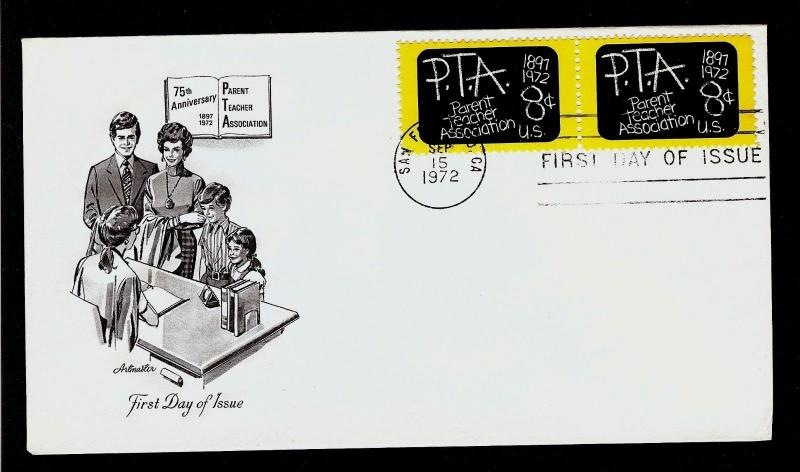 FIRST DAY COVER #1463 Pair PTA 75th Anniversary 8c ARTMASTER U/A FDC 1972