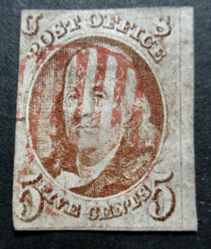 US 1847 5¢ Franklin Stamp #1 Used CV $350 