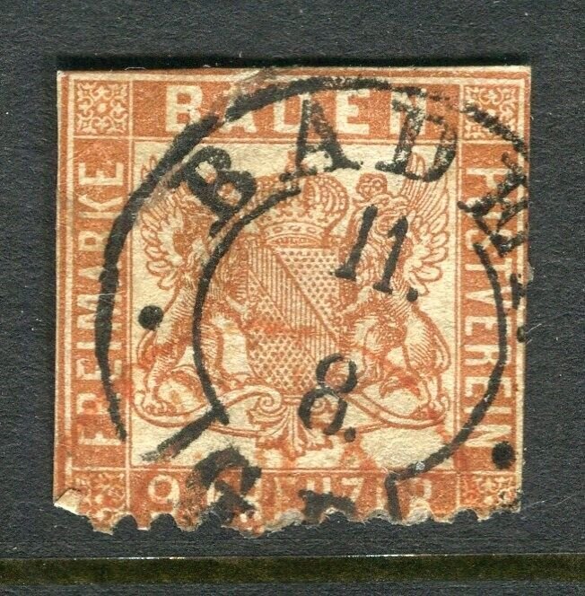 GERMANY; BADEN 1862 early classic Perf issue used 9k. value, flaws Postmark
