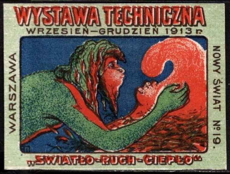 1913 Poland Poster Stamp Warsaw Light, Movement, Heat Technical Exhibition