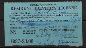 US RW4  NO GUM ON OREGON LICENSE 1937