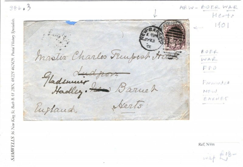 GB South Africa Cover ANGLO BOER WAR FPO Forwarded *New Barnet* Herts 1901 38b.3