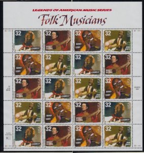 1998 Legends of Folk Musicians Sc 3215a 32c Sc MNH full mint sheet of 20