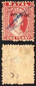 Natal SG76 1d Rose opt Postage (locally) Cat 95 pounds