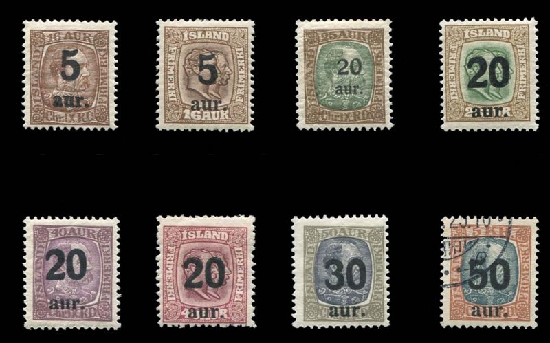 Iceland #130-138 Cat$162.25, 1921-25 Surcharges, complete set, 50a used, bala...