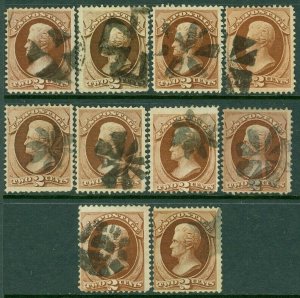 EDW1949SELL : USA 1870 Sc #146. 10 stamps. Used. Fancy cancels. Sound. Cat $200+