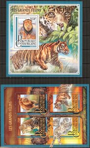 Central African Republic 2016 Wild Cats Tigers Lions Leopards Sheet + S/S MNH
