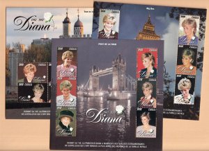 Congo 1139-1144 Lady Diana Princess of Wales MNH 3 sheets + 3 souvenir sheets