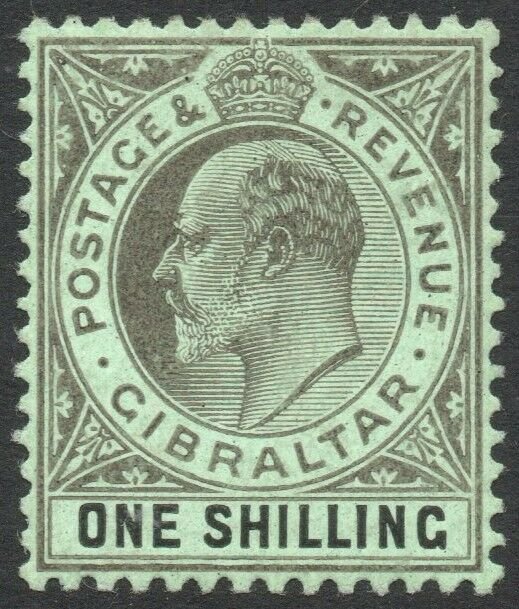 GIBRALTAR-1910 1/- Black/Green Sg 71 LIGHTLY MOUNTED MINT V41289