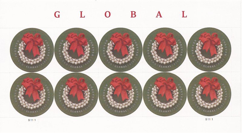 US Stamp 2014 Christmas Wreath 10 Global Forever Stamp Sheet #4936