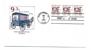 1903  9.3c Mail Wagon 1880s, coil, Farnam, HF, plate #1 FDC