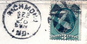 US Banknote Stamp on Piece w/Fancy GRID Cancel & Validating Richmond, Ind. CDS