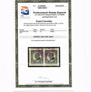 EXCEPTIONAL GENUINE SCOTT #611 USED MASSIVE PAIR PSE CERT GRADED GEM-100  #9805