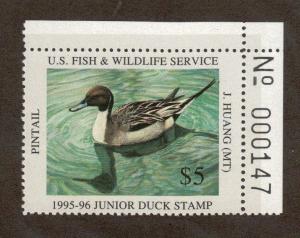 JDS3 Junior Duck Stamp. Plate Numbered Single. MNH. OG. #02 JDS3PNSTR