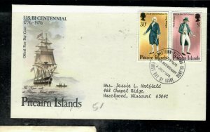 PITCAIRN ISLANDS  COVER (P1908B)   1976 US BICENT 5C+30C FDC TO USA 