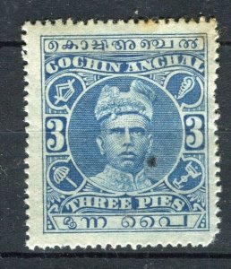 INDIA; COCHIN 1911-13 early Raja Varma Mint hinged 3p. value