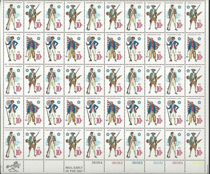 Military Uniforms Sheet of Fifty 10 Cent Postage Stamps Scott 1565-68 