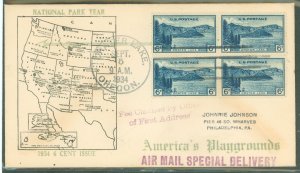 US 745 (1934) 6c Crater lake (part of the National park Series) block of four/ on an addressed First Day Cover with a covered Wa