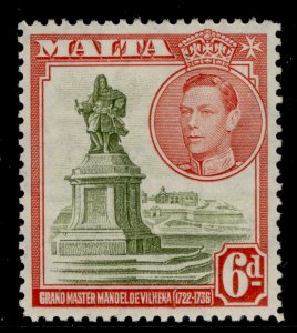 MALTA GVI SG225, 6d olive-green and scarlet, LH MINT.