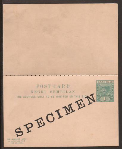 Negri Sembilan H&G 2, 1897 1c + 1c SPECIMEN Double Card