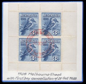 MOMEN: AUSTRALIA SG #MS106a 1928 FDC CANCEL EXHIBITION SHEET LOT #65432