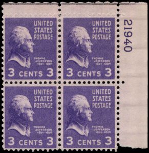 US #807 THOMAS JEFFERSON MH UR PLATE BLOCK #21940 DURLAND $2.00