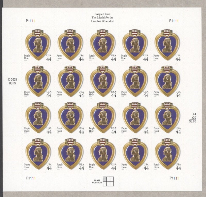 2009 US Scott #4390, 44c Purple Heart,  Sheet of 20 MNH