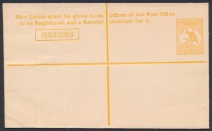 AUSTRALIA Registered Envelope 1913 Kangaroo 4d, setting 1. cat $400. Scarce.