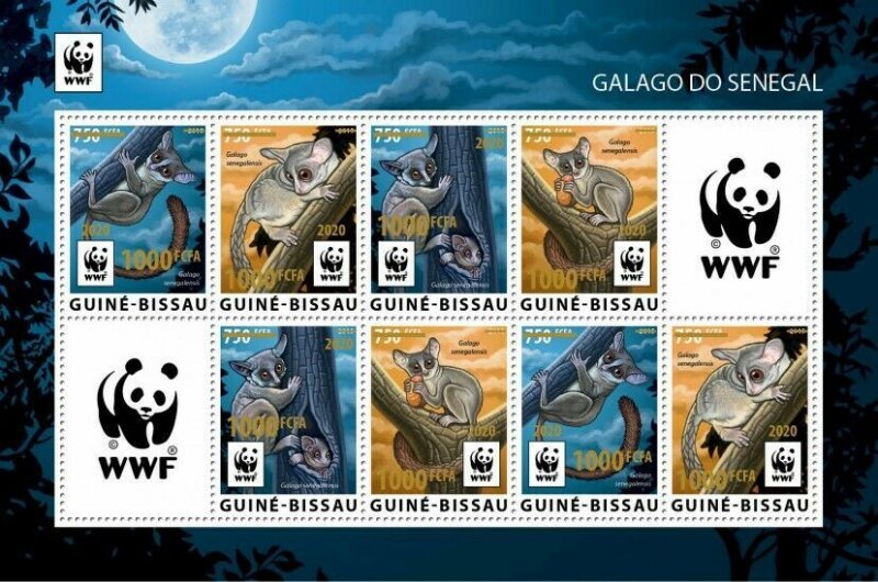 Guinea-Bissau WWF Stamps 2020 MNH Senegal Galago Bushbabies Gold OVPT 8v M/S