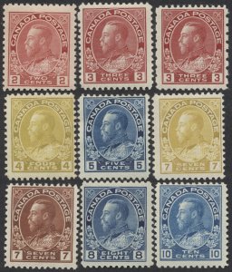 Canada Lot of 9 Different George V Admirals Fine Mint OG LH-HH