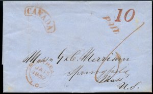 ?  1852 sfl Montreal to Mass, red PAID 6d cy, arched CANADA Jarret p452