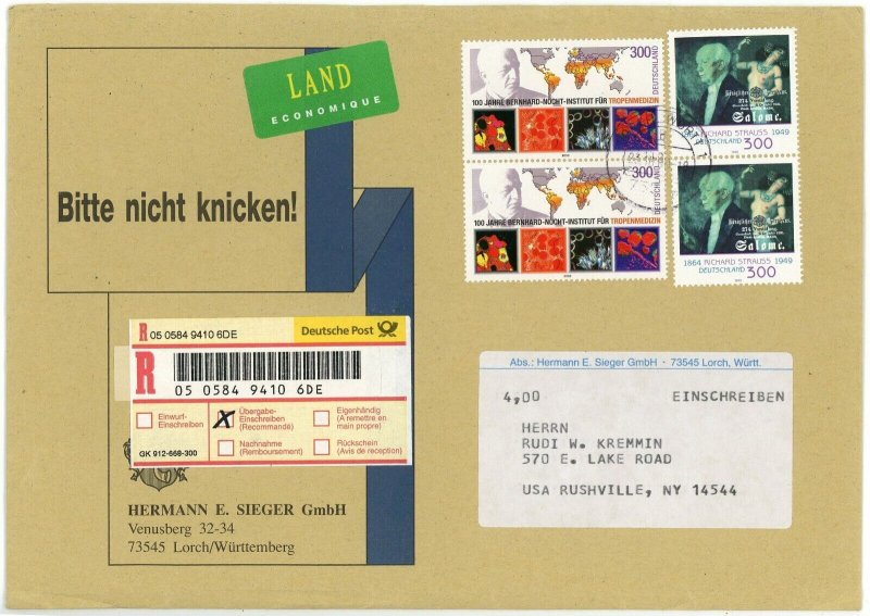 Germany to USA Deutsche Post Registered Land Mail Economy Cover Customs Label