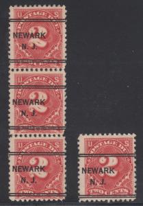 US Sc J62 used 1917 2c Postage Due, Strip + Single w/ NEWARK, NJ Precancels