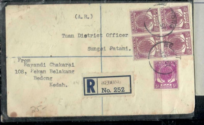 MALAYA KEDAH COVER (P3008B) 1957 TREE 5C+10C BL OF 4   AR  REG BEDONG LOCAL 