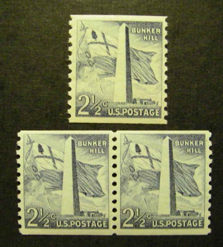 Scott 1056, 2.5c Bunker Hill, Pair & single, large hole, MNH Liberty Beauty