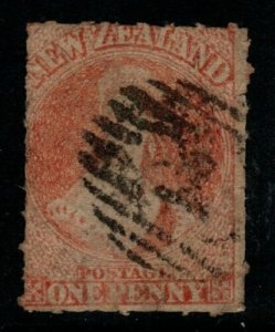NEW ZEALAND SG47 1862 1d ORANGE-VERMILION ROULETTED 7 USED 