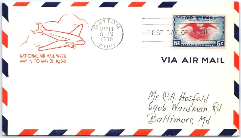 US FIRST DAY COVER 6c AIRMAIL C23 NATIONAL AIRMAIL WEEK DAYTON OHIO 1938