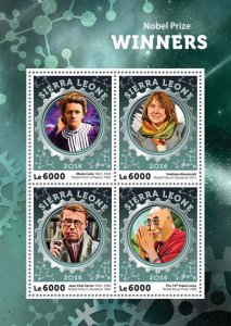 Sierra Leone 2016 MNH Nobel Prize Winners Dalai Lama Marie Curie 4v M/S Stamps