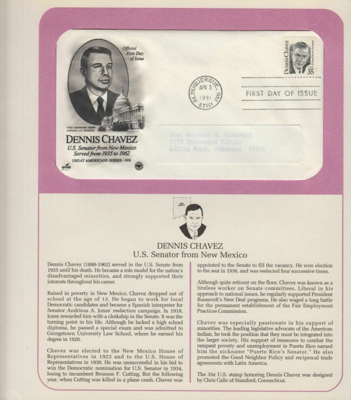 1991 Dennis Chavez, Senator Sc 2186 New Mexico with PCS info page Art Craft