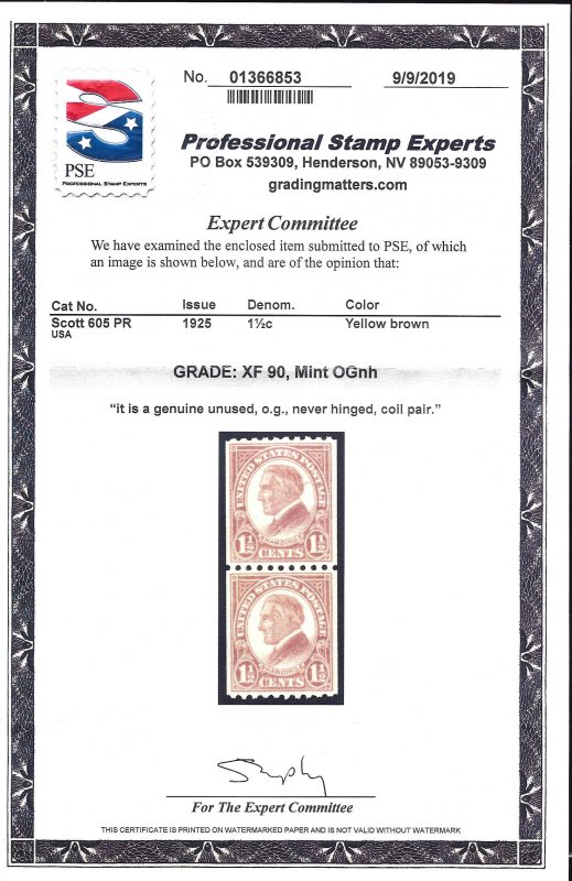 605 Mint,OG,NH... Pair... PSE Graded 90... SMQ $50.00