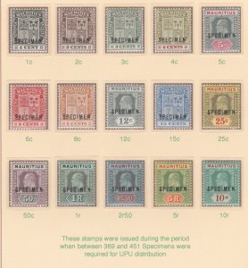 MAURITIUS 1910 ARMS & KE7 MCA  SPECIMEN set of  15