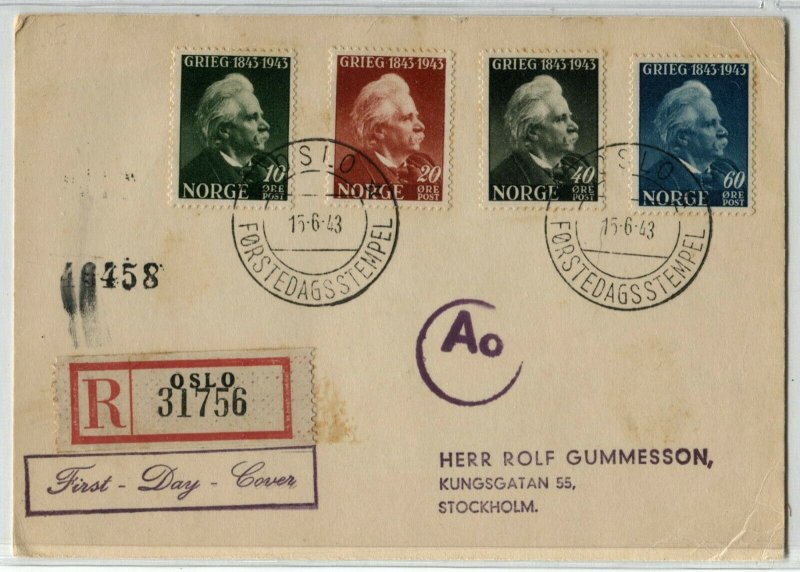 NORWAY #255-258 Edvard Grieg REGISTERED FDC Stamps Postage First Day Cover 1943