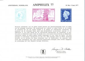 ENGRAVED SOUVENIR CARD OF THE INTERNATIONAL PHILATELIC EXPO AMPHILEX AMSTERDAM