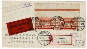 Memel 1921 registered, express cover to Germany, Michel 29, Scott 30