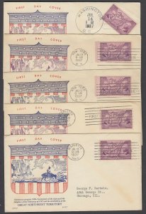 US Scott 795, 5x FDCs (2x Marietta OH, 2x NY, 1x Washington DC), matching cachet