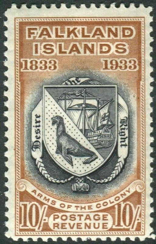 FALKLAND ISLANDS-1933 10/- Black & Chestnut.  A mounted mint example Sg 137