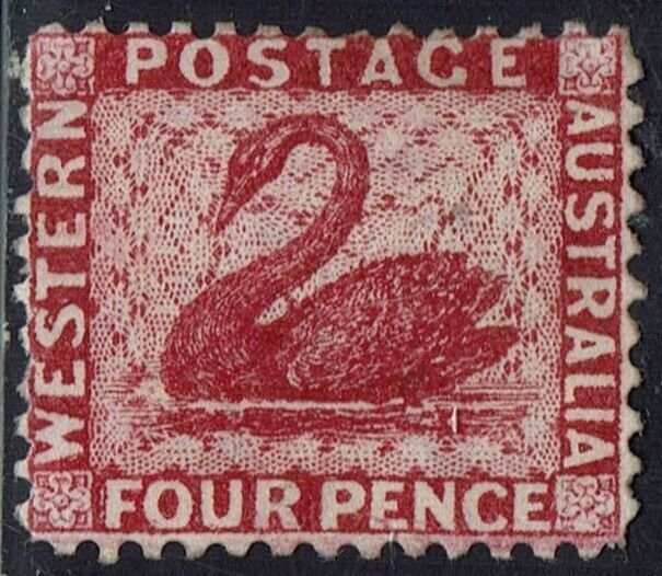 WESTERN AUSTRALIA 1882 SWAN 4D WMK CROWN CA - CROWN TO RIGHT PERF 12 NO GUM 