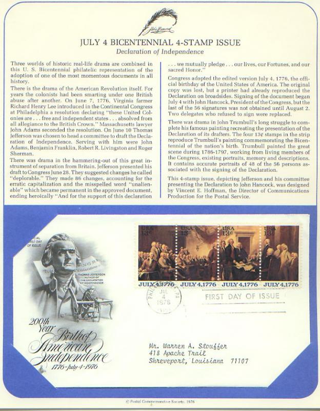 Bicentennial, July 4, FDC's (USHFDC1691-4)