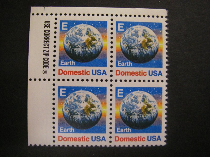 Scott 2277, 25c nondenominated E Earth, Zip block of 4, UL, MNH Beauty