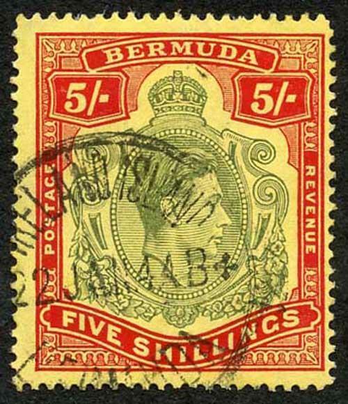 Bermuda SG118b KGVI 5/- Pale Green and Red/yellow Line Perf 14.25 (Ref 98)